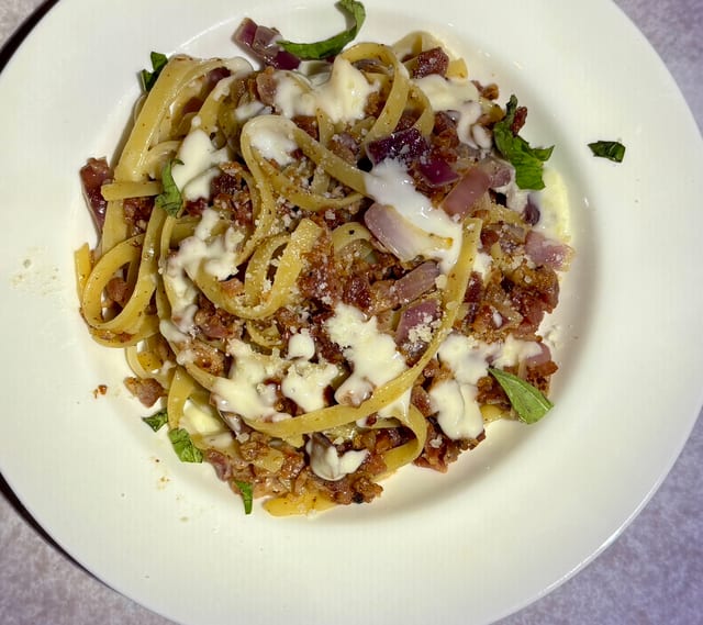 Creamy Bacon Alfredo.