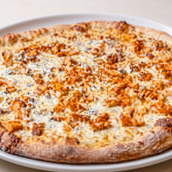 Whole buffalo chicken pizza with white sauce and cheese on a white plate.