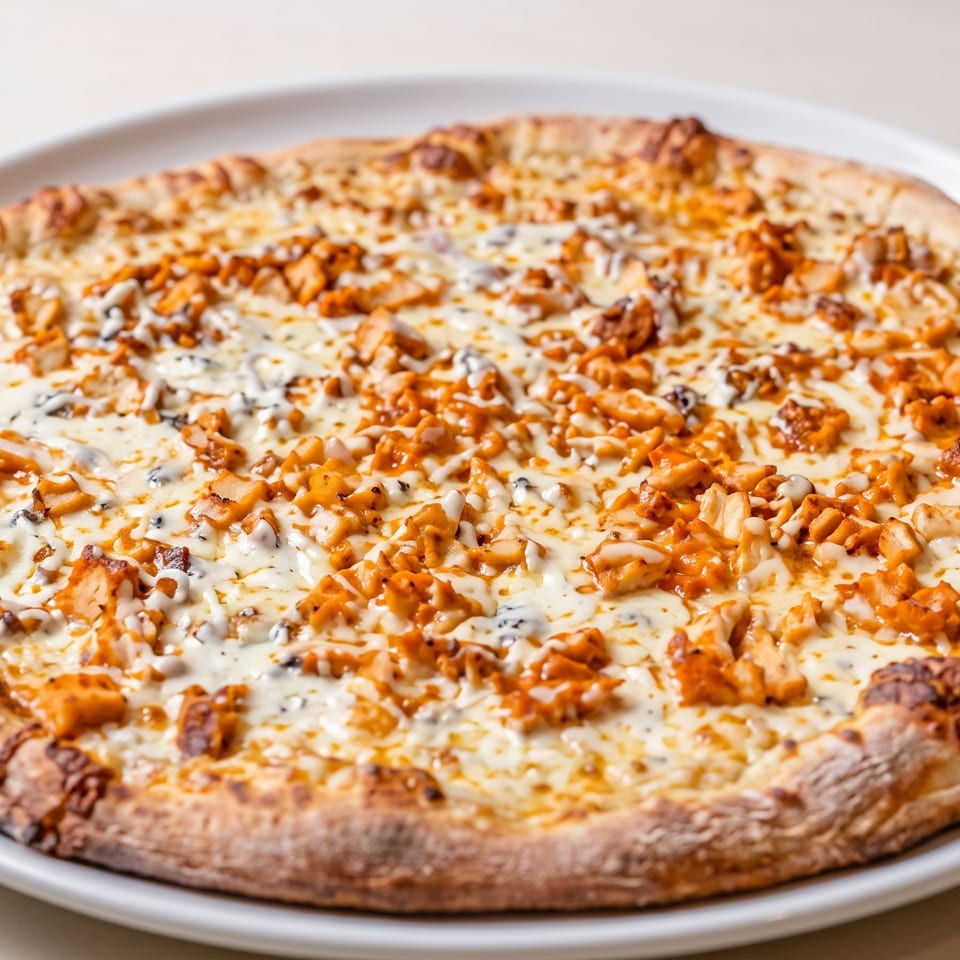 Whole buffalo chicken pizza with white sauce and cheese on a white plate.