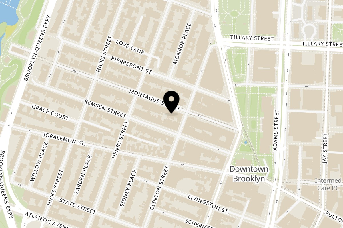 Map showing the location of Monty Q's on 158 Montague St in Brooklyn